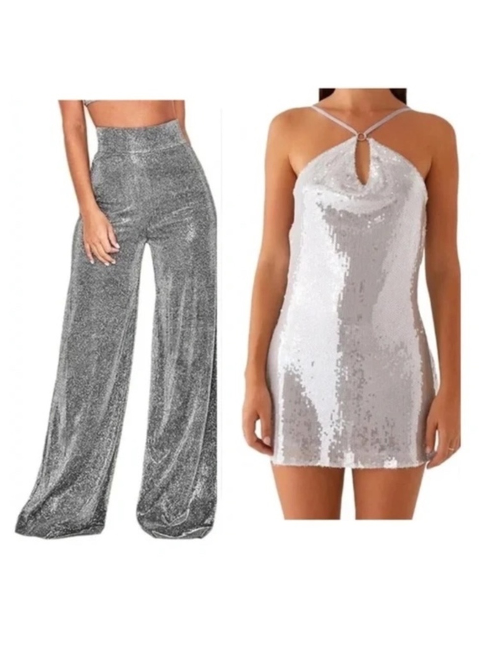 SPARKLY Size M Silver Minidress + Bell Bottom Pants